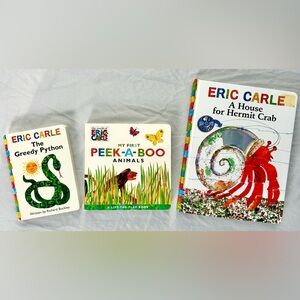 3 Eric Carle Board Books – Greedy Python, Peek-A-Boo Animals, Hermit Crab w/ CD